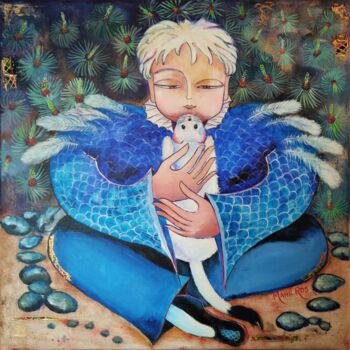 Painting titled "L'Enfant à l'hermine" by Mahé Ros, Original Artwork, Acrylic Mounted on Wood Stretcher frame
