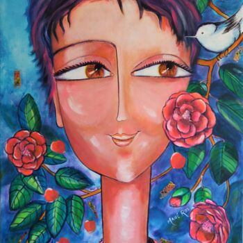 Painting titled "Jeune fille à la si…" by Mahé Ros, Original Artwork, Acrylic Mounted on Wood Stretcher frame