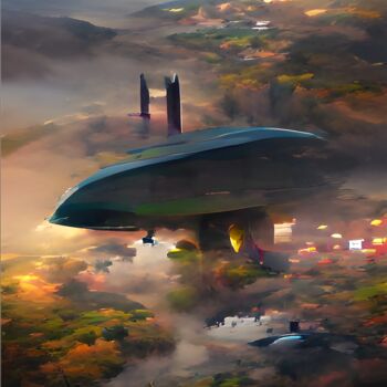 Arts numériques intitulée "UFO OVER CITY" par Mahesh Tolani, Œuvre d'art originale, Peinture numérique