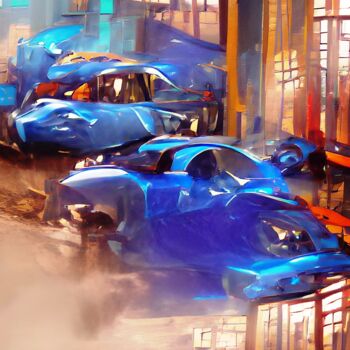 Arts numériques intitulée "CARTOON CARS IN BLUE" par Mahesh Tolani, Œuvre d'art originale, Peinture numérique