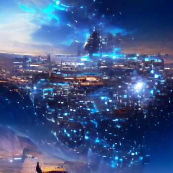 Digital Arts titled "BLUE STARS IN CITY 2" by Mahesh Tolani, Original Artwork, Digital Painting