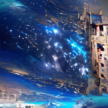 Digital Arts titled "BLUE STARS IN CITY 4" by Mahesh Tolani, Original Artwork, Digital Painting