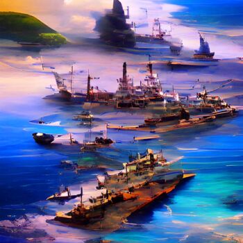 Arts numériques intitulée "WARSHIPS IN SEA" par Mahesh Tolani, Œuvre d'art originale, Peinture numérique