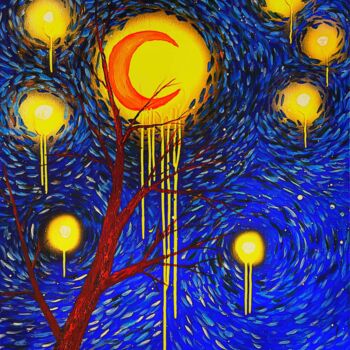 Painting titled "Starry Night - Begi…" by Mahfuzur Rahman, Original Artwork, Oil