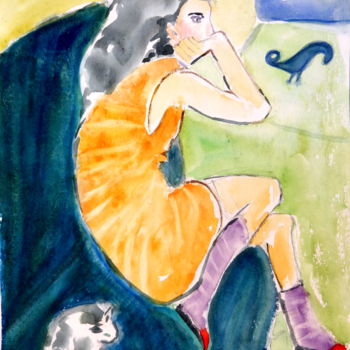 Pintura titulada "femme à l'oiseau bl…" por Maï Laffargue, Obra de arte original, Acuarela