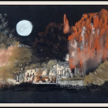 Zeichnungen mit dem Titel "Paysage nocturne éc…" von Maï Laffargue, Original-Kunstwerk, Conté-Buntstifte