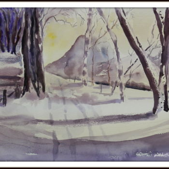 Painting titled "Route enneigée vers…" by Maï Laffargue, Original Artwork, Watercolor