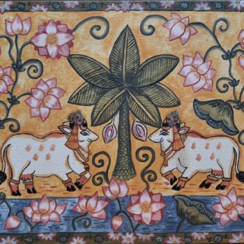 Painting titled "Sacred Cows" by Maïa Saint-Couleurs, Original Artwork, Pigments Mounted on Cardboard
