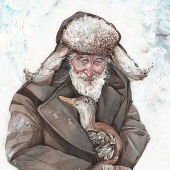 Painting titled "Old Man With His Go…" by Daria Maier, Original Artwork, Watercolor