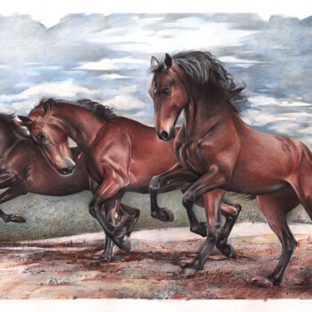 Drawing titled "Running Horses" by Daria Maier, Original Artwork, Pencil