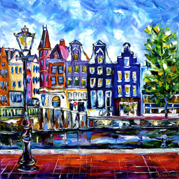 Pittura intitolato "Amsterdam cityscape" da Mirek Kuzniar, Opera d'arte originale, Olio