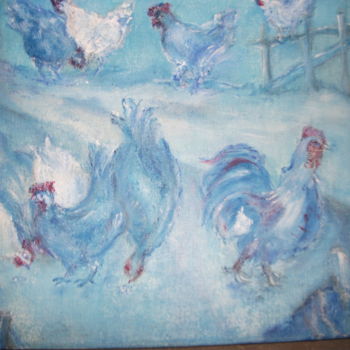 Peinture intitulée "les poules bleues" par Mai, Œuvre d'art originale