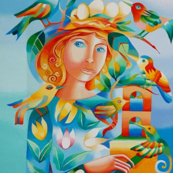 Painting titled "Woman with birds" by Mairim Perez Roca, Original Artwork, Acrylic