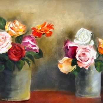 Painting titled "Bouquets de roses" by Maïté Letord, Original Artwork, Acrylic Mounted on Cardboard