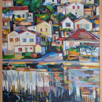 Malerei mit dem Titel "Houses on the lake…" von Maja Djokic Mihajlovic, Original-Kunstwerk, Öl