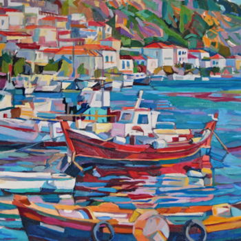 Painting titled "Fishing boats" by Maja Djokic Mihajlovic, Original Artwork, Oil