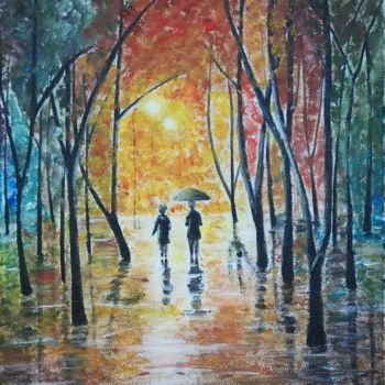 Painting titled "Autumn rain" by Maja Lemesanszky, Original Artwork, Acrylic