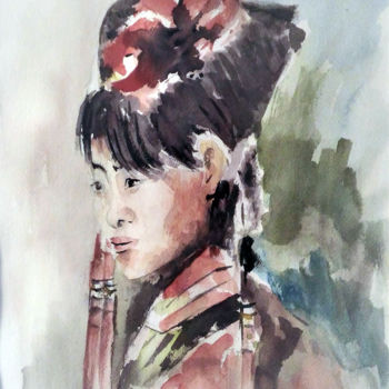 Картина под названием "Geisha" - Majo, Подлинное произведение искусства, Акварель