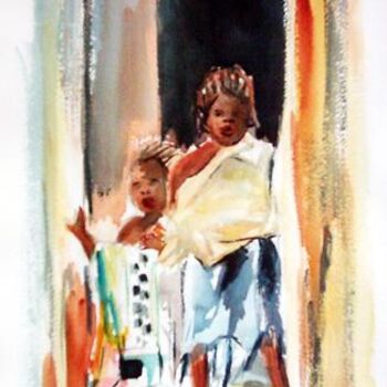 Schilderij getiteld "Femme et Enfant deb…" door Majo, Origineel Kunstwerk, Aquarel