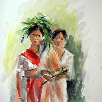 Ζωγραφική με τίτλο "Les Indiennes ... I…" από Majo, Αυθεντικά έργα τέχνης, Ακουαρέλα