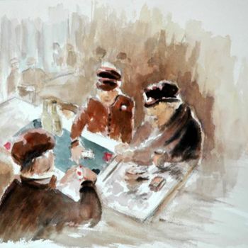 Peinture intitulée "Les joueurs de cart…" par Majo, Œuvre d'art originale, Aquarelle