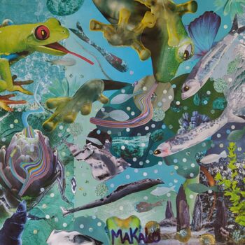 Collages intitolato "Aquarium" da Makalo, Opera d'arte originale, Collages Montato su Pannello di legno