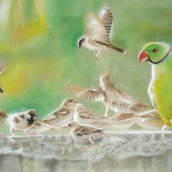 Painting titled "Parrot and sparrows" by Sreenivasa Ram Makineedi, Original Artwork