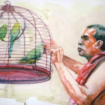 Painting titled "Brahmin with Parrots" by Sreenivasa Ram Makineedi, Original Artwork, Oil