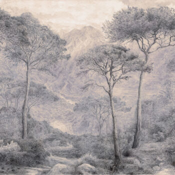 Painting titled ""Mountain Pines" 山の松" by Maksym Lazariev, Original Artwork, Watercolor