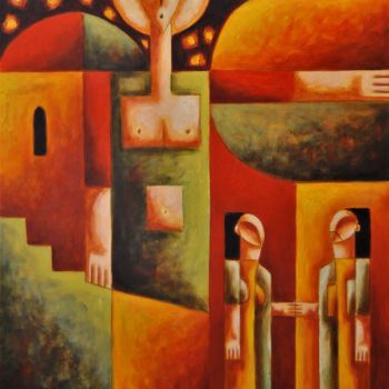 Painting titled "Love over the town" by Zsolt Malasits, Original Artwork, Oil Mounted on Wood Stretcher frame