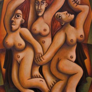Painting titled "Dancing girlfriends" by Zsolt Malasits, Original Artwork, Oil