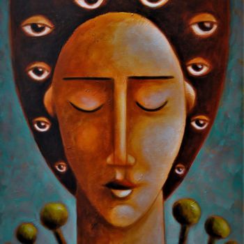 Painting titled "All Seeing" by Zsolt Malasits, Original Artwork, Oil Mounted on Wood Stretcher frame