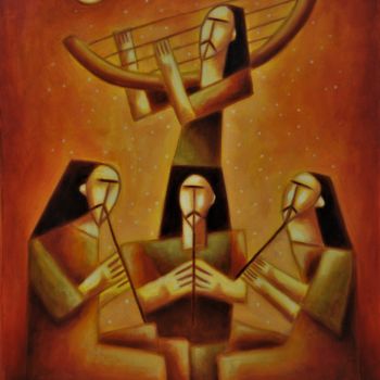Painting titled "Ancient musicians" by Zsolt Malasits, Original Artwork, Oil Mounted on Wood Stretcher frame