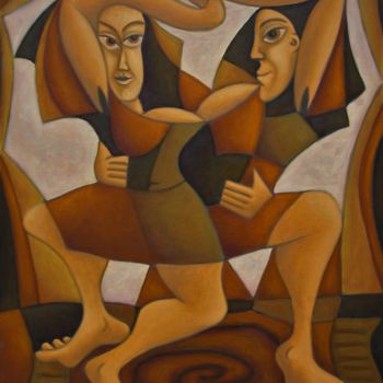 Painting titled "Dancers" by Zsolt Malasits, Original Artwork, Oil Mounted on Wood Stretcher frame