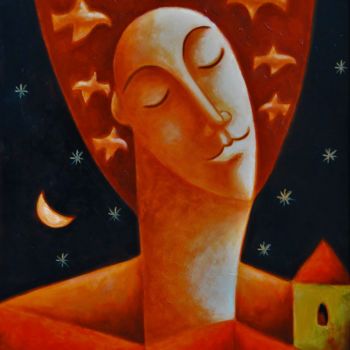 Painting titled "Flying thoughts" by Zsolt Malasits, Original Artwork, Oil Mounted on Wood Stretcher frame