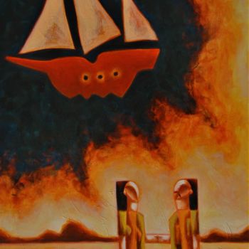 Painting titled "Love ship" by Zsolt Malasits, Original Artwork, Oil Mounted on Wood Stretcher frame