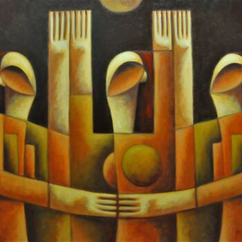 Painting titled "Togehter" by Zsolt Malasits, Original Artwork, Oil Mounted on Wood Stretcher frame