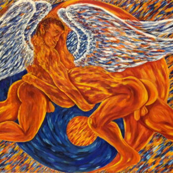 Painting titled "Nude Male Wrestlers" by Male Beauty Forum Lifestyle, Original Artwork, Oil