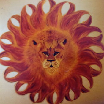 Painting titled "Aztec Lions Head" by Male Beauty Forum Lifestyle, Original Artwork, Oil