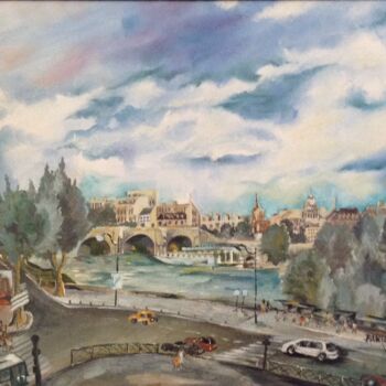 Painting titled "Pont -Neuf- Paris" by Malgor Sadlon, Original Artwork, Oil Mounted on Wood Stretcher frame