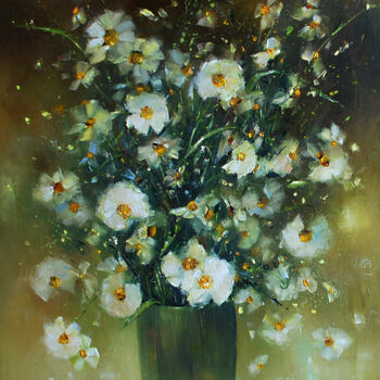 Painting titled "CAMOMILE" by Malgorzata Niegel, Original Artwork, Oil Mounted on Wood Panel