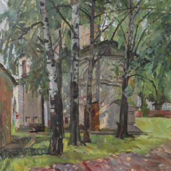 Painting titled "Старый храм среди б…" by Polina Malidovskaia, Original Artwork, Oil