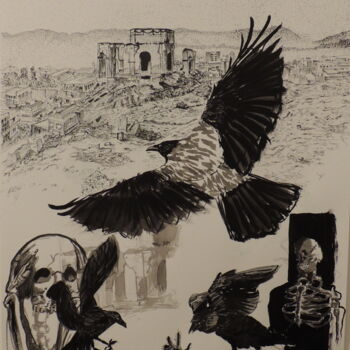 Zeichnungen mit dem Titel "Le Corbeau" von Malik Hansen, Original-Kunstwerk, Tinte