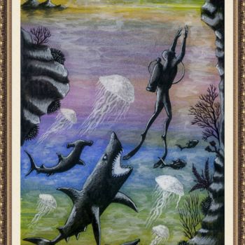 Painting titled "Shark and Jellyfish…" by Malik Bennouar, Original Artwork, Acrylic