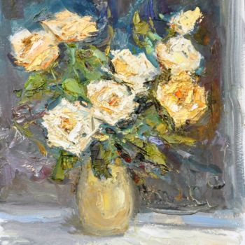 Картина под названием "Розы белые" - Малила Писаренко, Подлинное произведение искусства, Масло