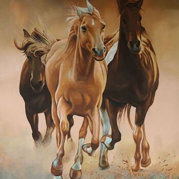 Painting titled "Stallions" by Malinga Kumarasinghe, Original Artwork, Acrylic Mounted on Wood Stretcher frame