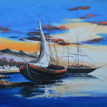 Painting titled "Indigo Bay" by Malinga Kumarasinghe, Original Artwork, Acrylic Mounted on Wood Stretcher frame