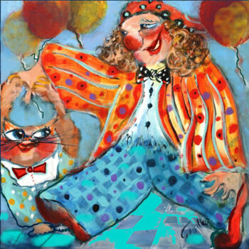 Painting titled "Clown with Cat" by Malka Tsentsiper, Original Artwork, Digital Print Mounted on Wood Stretcher frame