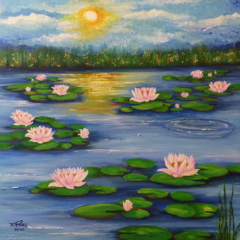 Schilderij getiteld "Sunset by the lake" door Mallika Seth, Origineel Kunstwerk, Acryl