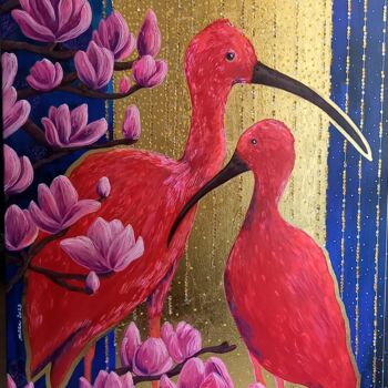 Painting titled "IBIS ROUGE" by Mallory Ramet, Original Artwork, Acrylic Mounted on Wood Stretcher frame